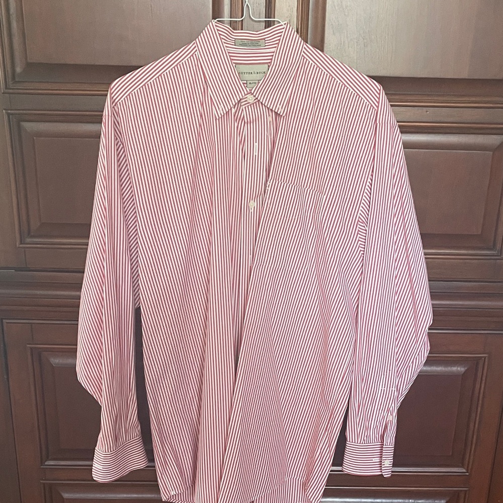 Cutter & Buck Red and White Striped Dress Shirt XL EUC